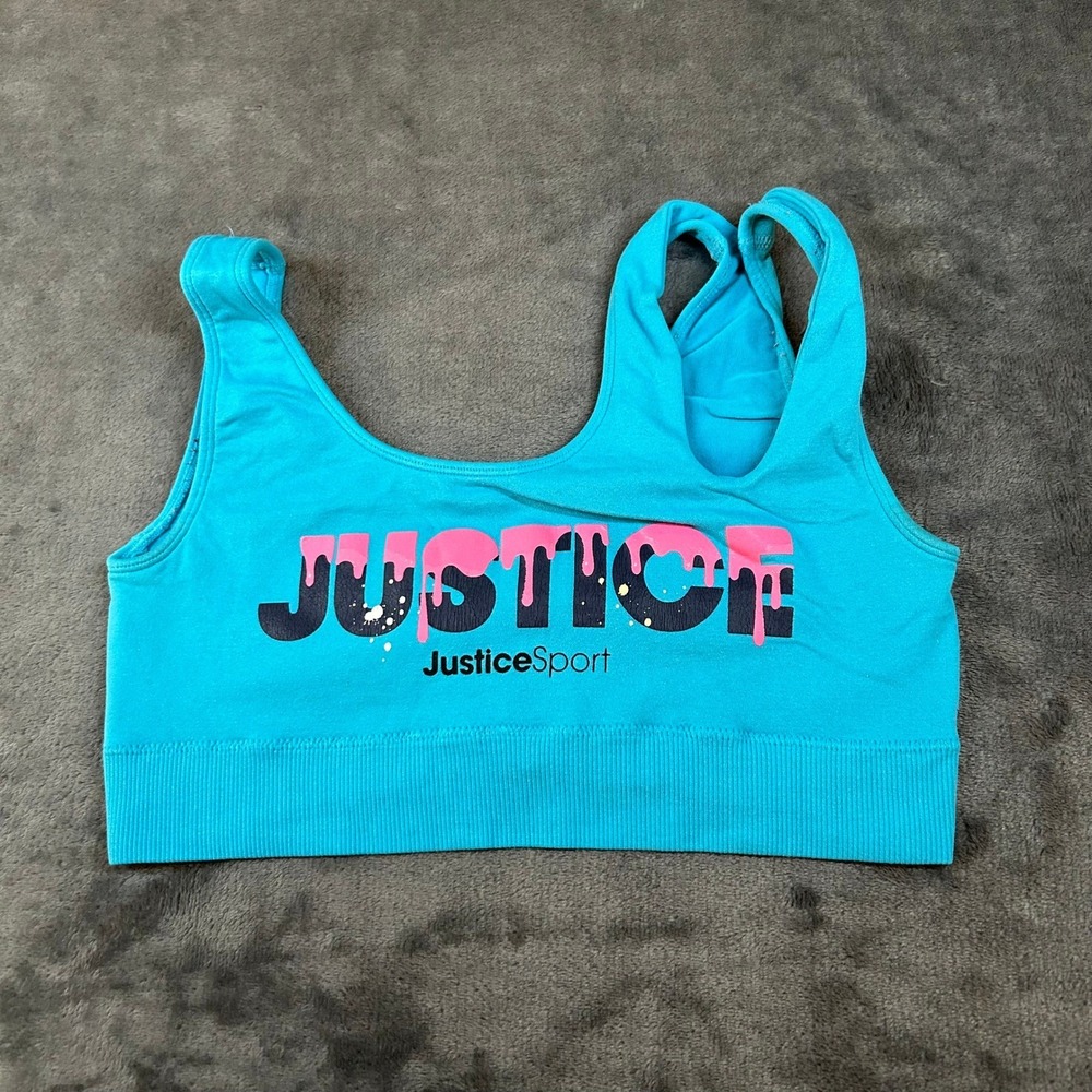 Justice Sport Oh So Soft Sports Bra Girls Size 3/4 Blue Graphic Seamless